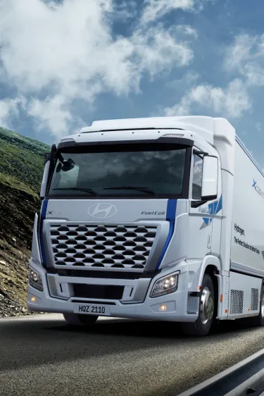 Hyundai XCIENT Fuel Cell Truck running on a mountain road