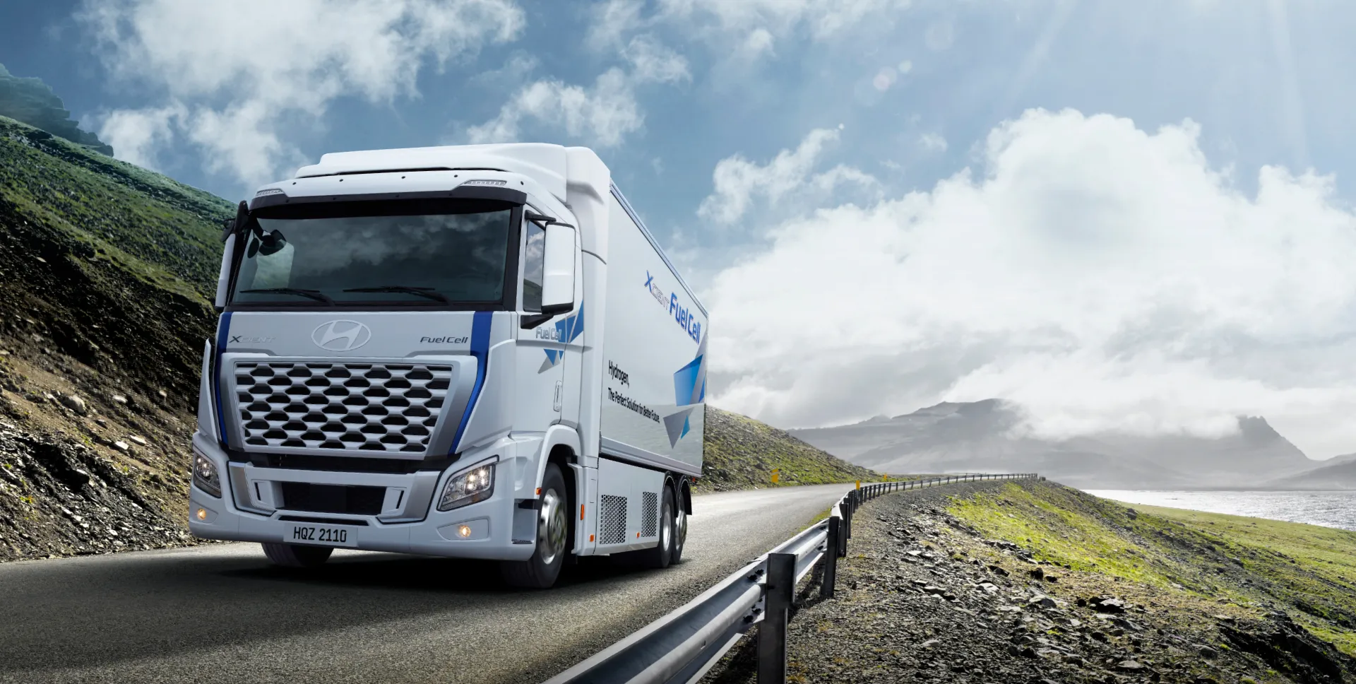 Hyundai XCIENT Fuel Cell Truck running on a mountain road